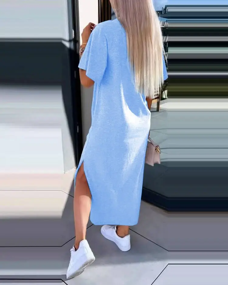 Women Light Blue Split Dress Summer Wear — feature 8