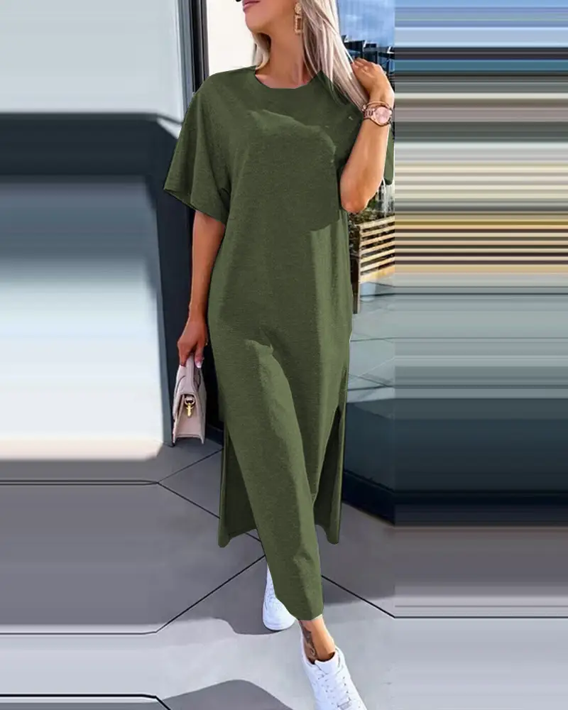 Women Light Blue Split Dress Summer Wear - Image 6