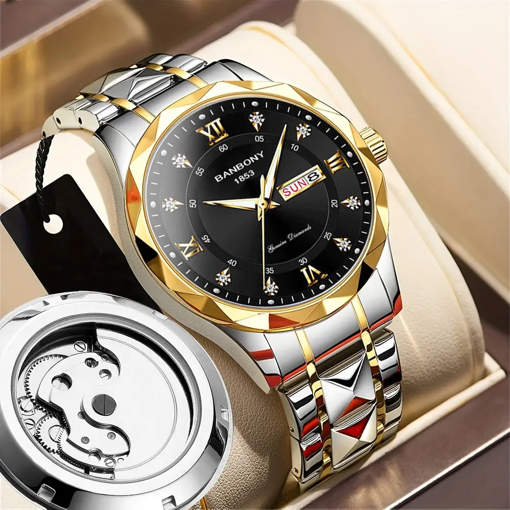 Men's Banbony Gold Black Dial Automatic Mechanical Watch - Image 14