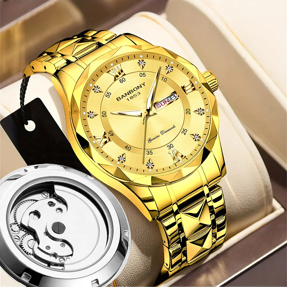 Men's Banbony Gold Black Dial Automatic Mechanical Watch - Image 11