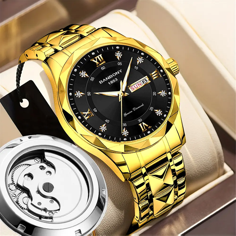 Men's Banbony Gold Black Dial Automatic Mechanical Watch - Image 6
