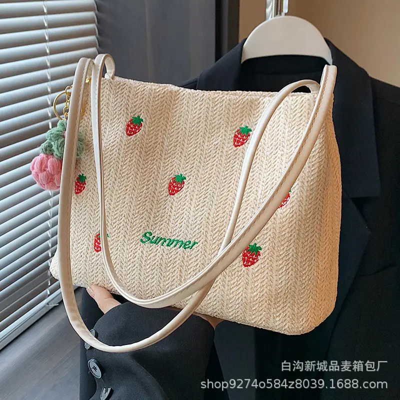 Summer Straw Embroidered Shoulder Bag for Women