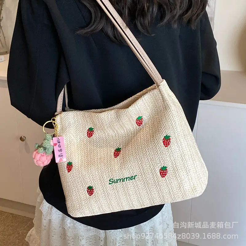 Summer Straw Embroidered Shoulder Bag for Women