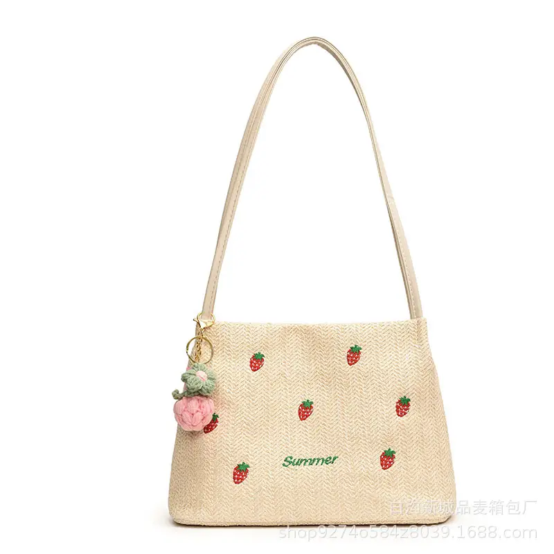Summer Straw Embroidered Shoulder Bag for Women