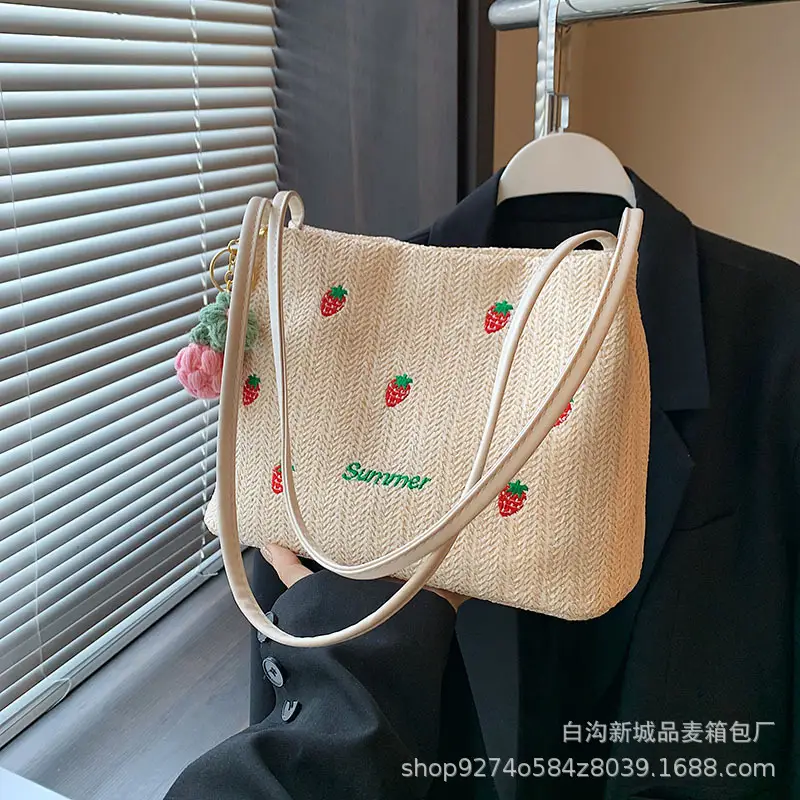 Summer Straw Embroidered Shoulder Bag for Women