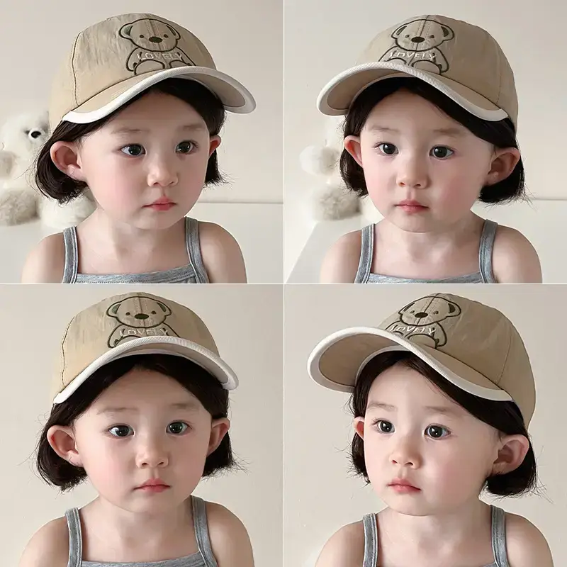 Girls Beanie Hat with Bear Embroidery Beige Blue - Image 3