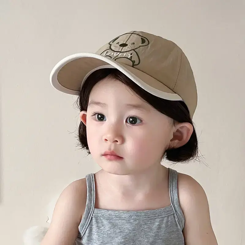Girls Beanie Hat with Bear Embroidery Beige Blue - Image 4