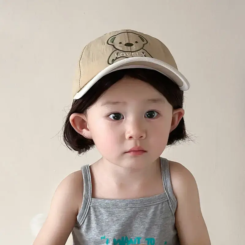 Girls Beanie Hat with Bear Embroidery Beige Blue - Image 5