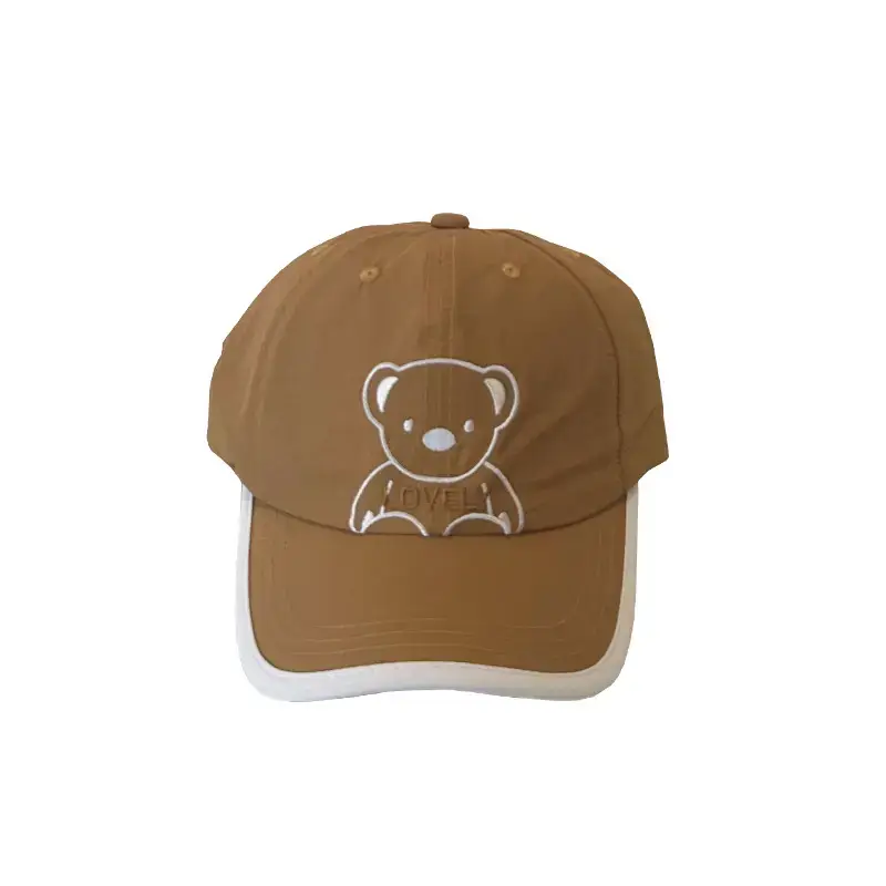 Girls Beanie Hat with Bear Embroidery Beige Blue - Image 7