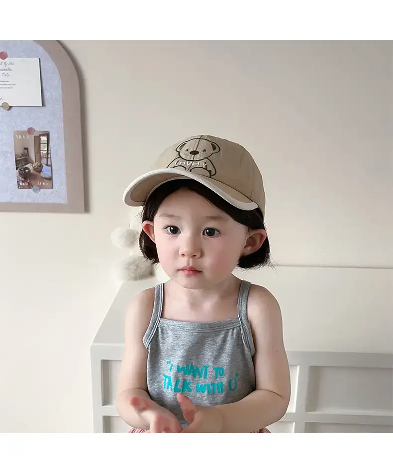 Girls Beanie Hat with Bear Embroidery Beige Blue — feature 10