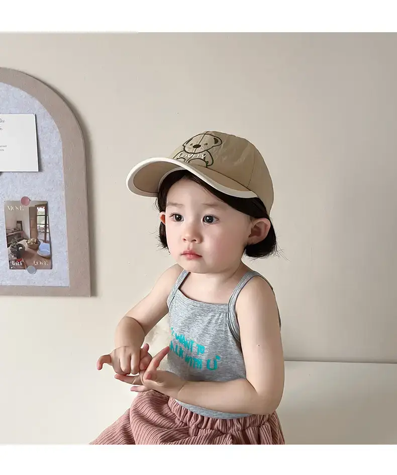 Girls Beanie Hat with Bear Embroidery Beige Blue — feature 11