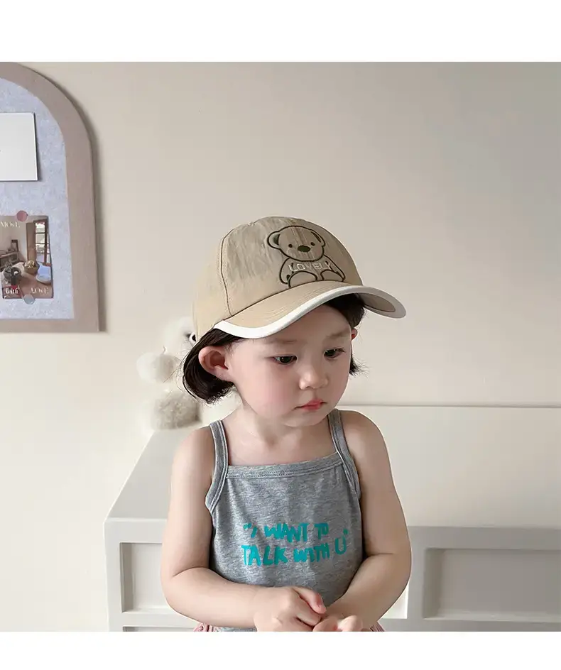 Girls Beanie Hat with Bear Embroidery Beige Blue — feature 12