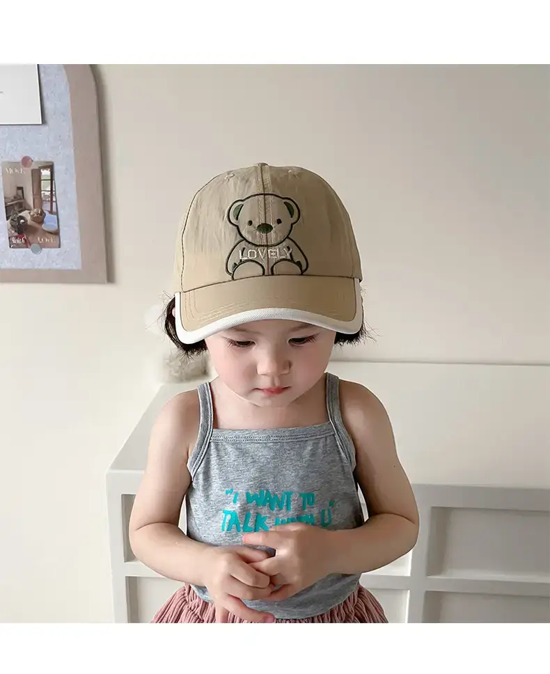 Girls Beanie Hat with Bear Embroidery Beige Blue — feature 13