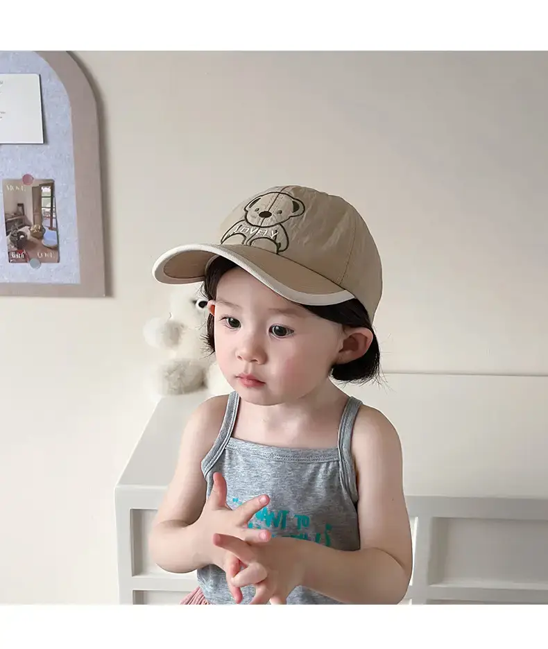 Girls Beanie Hat with Bear Embroidery Beige Blue — feature 14