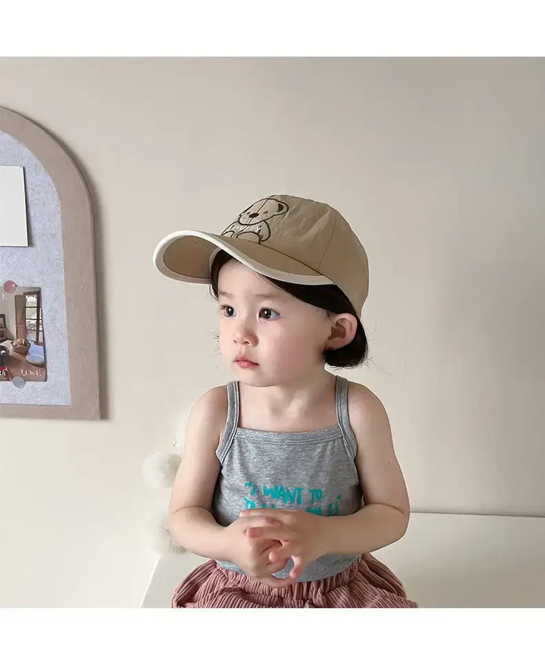 Girls Beanie Hat with Bear Embroidery Beige Blue — feature 15