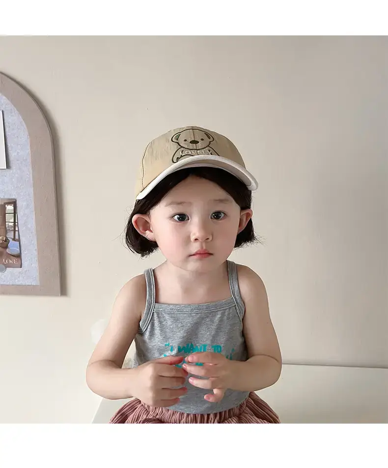 Girls Beanie Hat with Bear Embroidery Beige Blue — feature 16