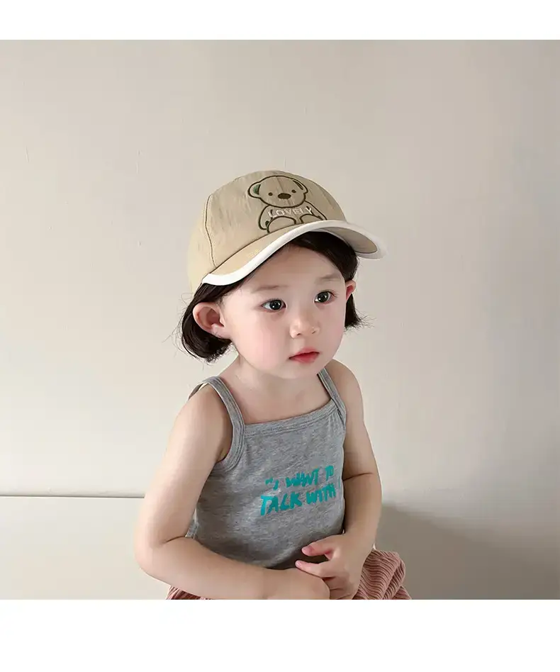 Girls Beanie Hat with Bear Embroidery Beige Blue — feature 17