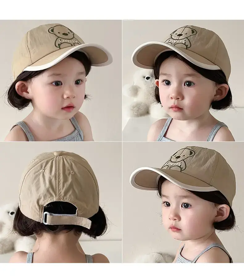 Girls Beanie Hat with Bear Embroidery Beige Blue — feature 6