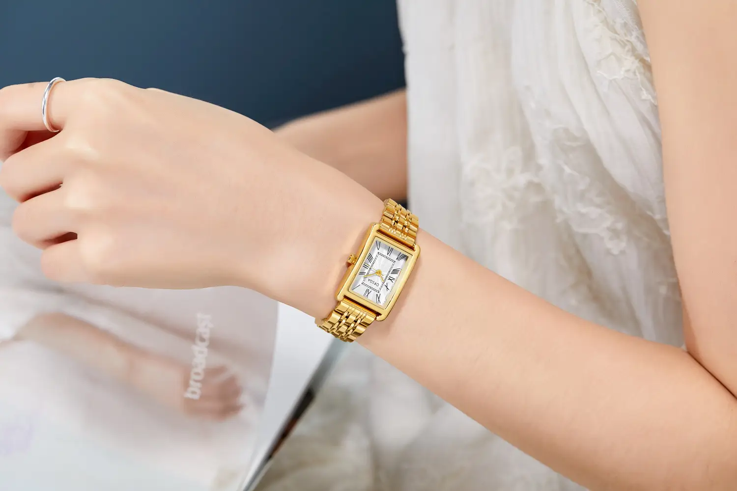 Women's Small Square Gold Watch with Black Strap — feature 14