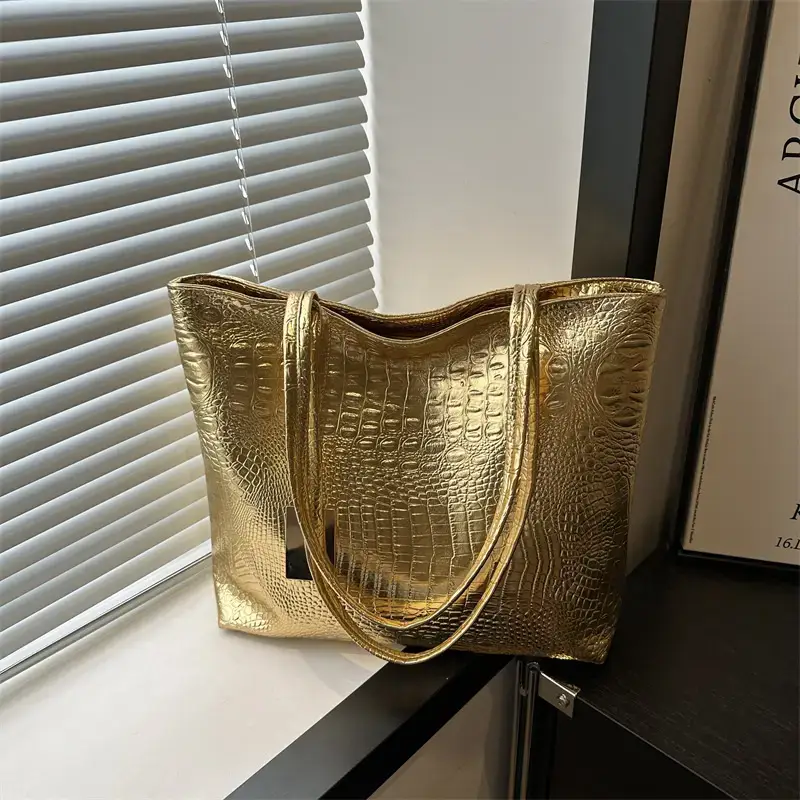 Gold Croc Texture Shoulder Bag for Women - Image 4