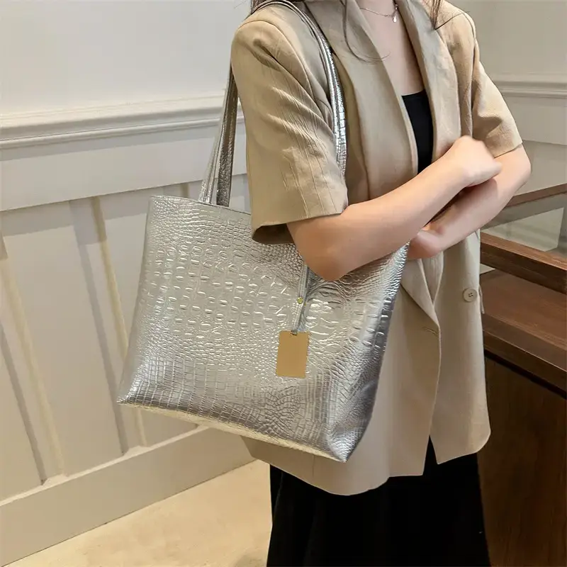 Gold Croc Texture Shoulder Bag for Women - Image 5