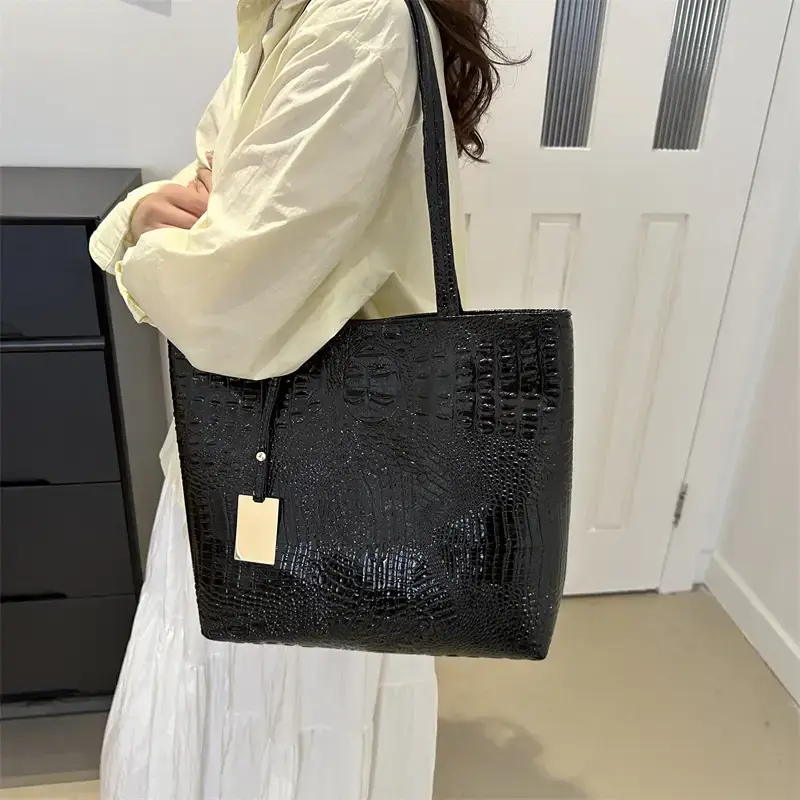 Gold Croc Texture Shoulder Bag for Women - Image 6