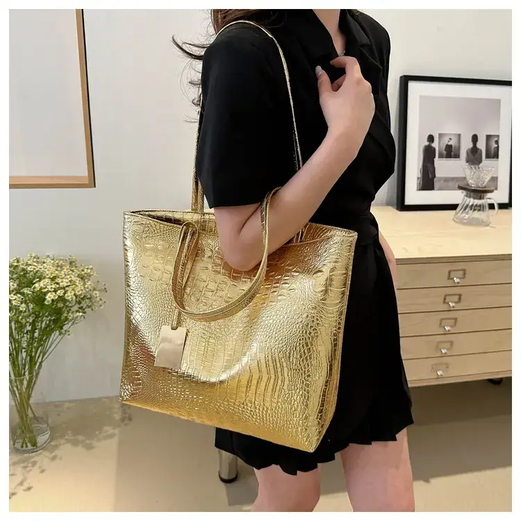 Gold Croc Texture Shoulder Bag for Women — feature 19