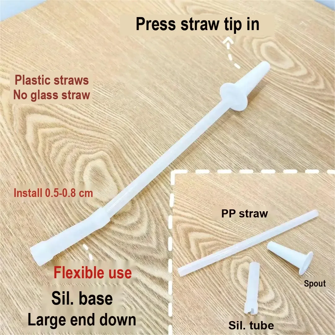 Separate plastic straw parts, including a flexible silicone section and mouthpiece.