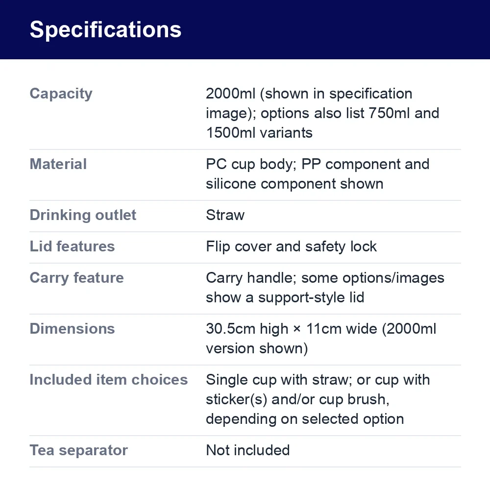 2000ml Water Bottle with Straw, Handle and Time Markers – specifications