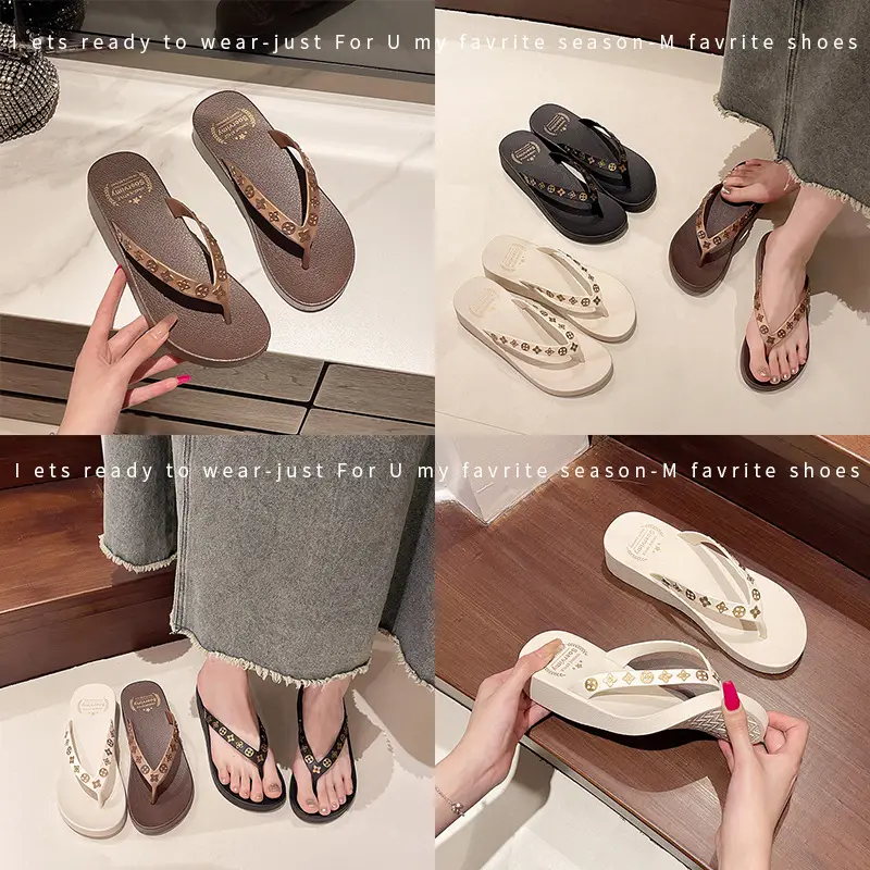 Women's 2024 Wedge Flip Flops Solid Brown - Image 5