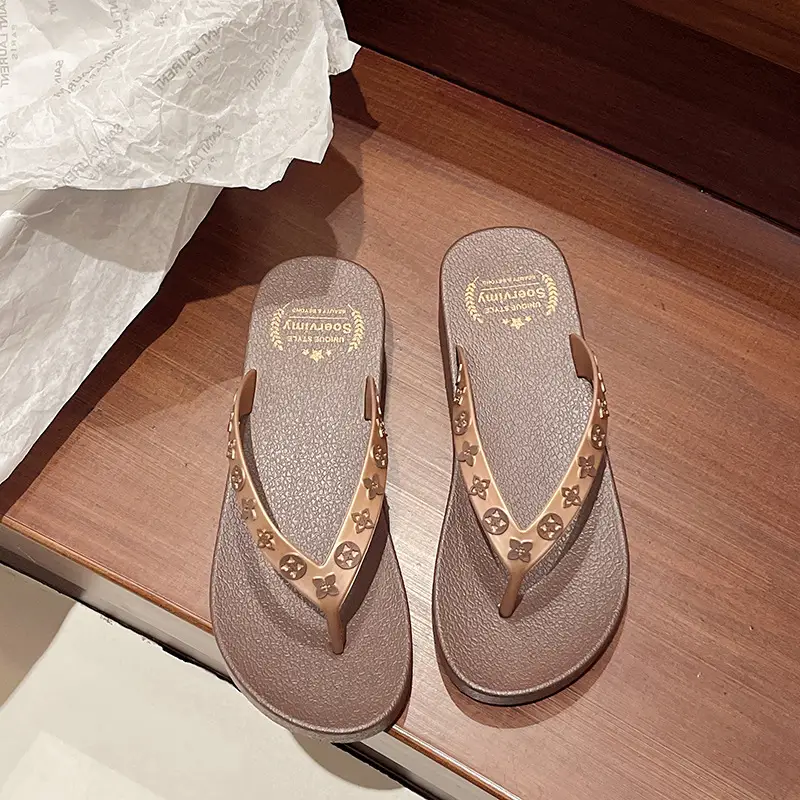 Women's 2024 Wedge Flip Flops Solid Brown - Image 3