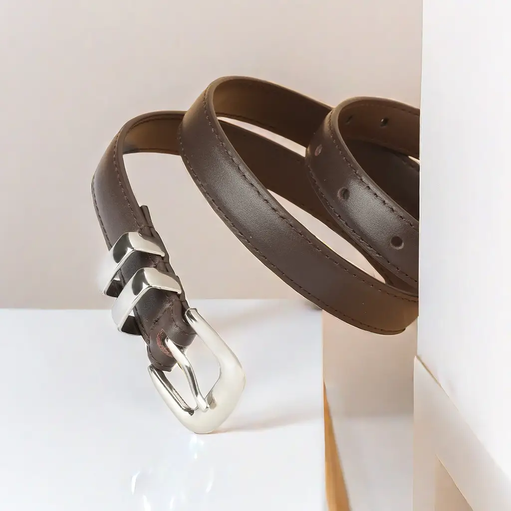 Women's Thin Leather Belt Black Silver Buckle - Image 3