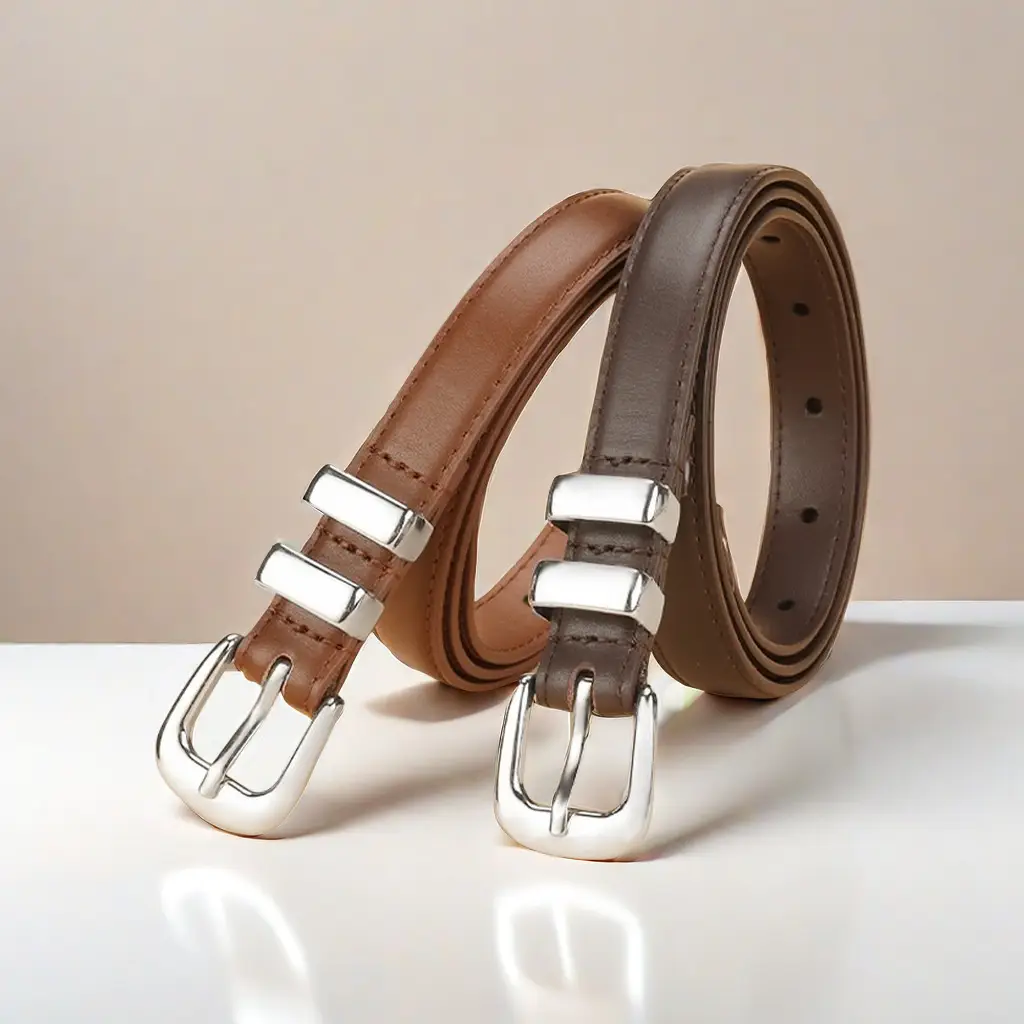 Women's Thin Leather Belt Black Silver Buckle - Image 4