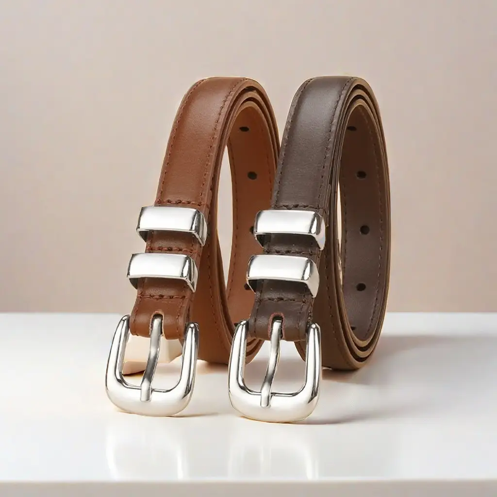 Women's Thin Leather Belt Black Silver Buckle - Image 5