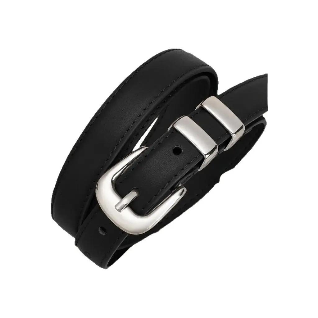 Women's Thin Leather Belt Black Silver Buckle - Image 6