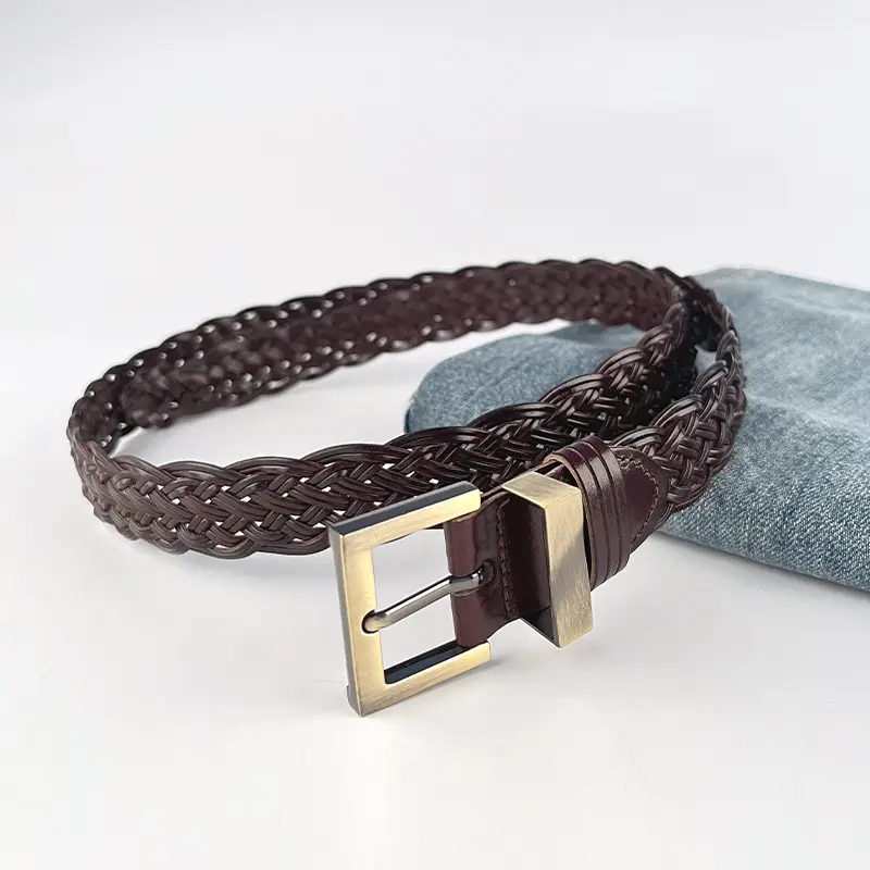 Handwoven Brown Belt with Gold Buckle for Women