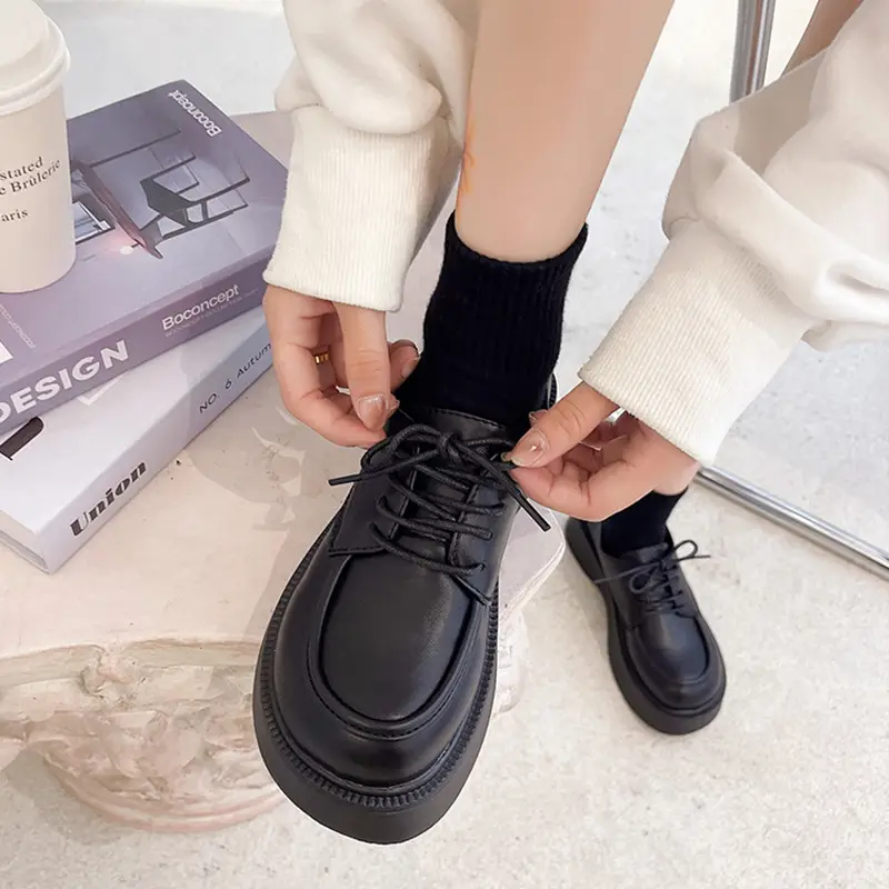 Black Big Head Small Leather Shoes Women's Wholesale Spring New Round Head Lace-up British Academy Style Platform Shoes - Image 3