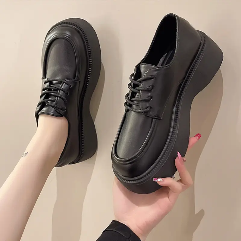 Black Big Head Small Leather Shoes Women's Wholesale Spring New Round Head Lace-up British Academy Style Platform Shoes - Image 4