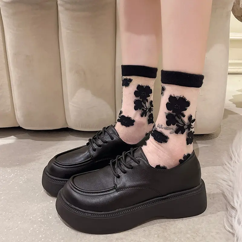 Black Big Head Small Leather Shoes Women's Wholesale Spring New Round Head Lace-up British Academy Style Platform Shoes - Image 5