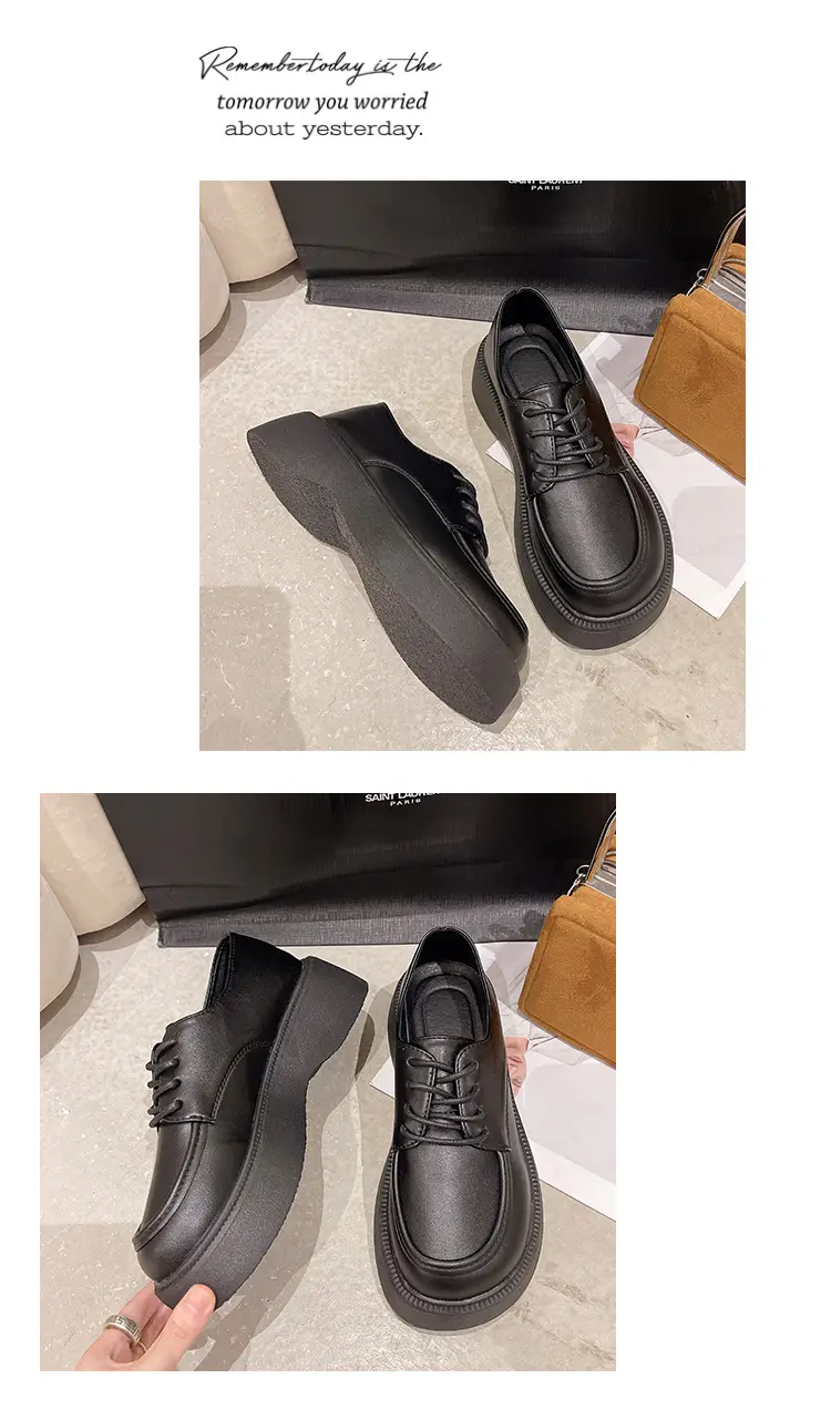 Black Big Head Small Leather Shoes Women's Wholesale Spring New Round Head Lace-up British Academy Style Platform Shoes — feature 10