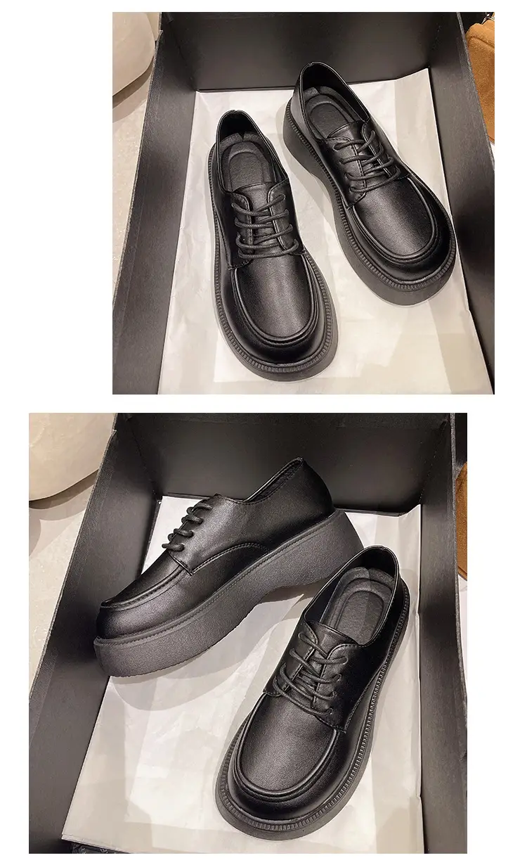 Black Big Head Small Leather Shoes Women's Wholesale Spring New Round Head Lace-up British Academy Style Platform Shoes — feature 11