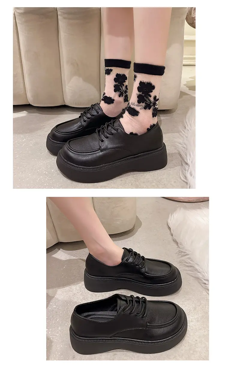 Black Big Head Small Leather Shoes Women's Wholesale Spring New Round Head Lace-up British Academy Style Platform Shoes — feature 5