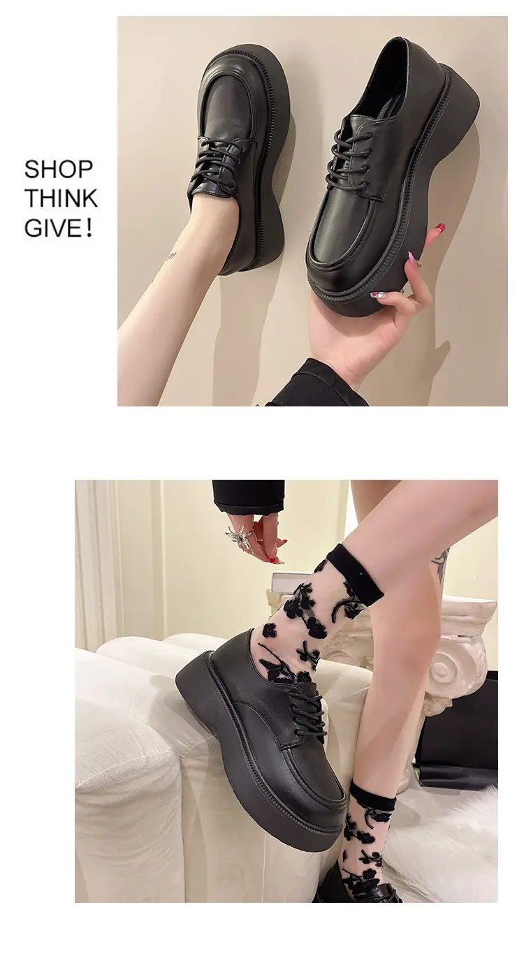 Black Big Head Small Leather Shoes Women's Wholesale Spring New Round Head Lace-up British Academy Style Platform Shoes — feature 6