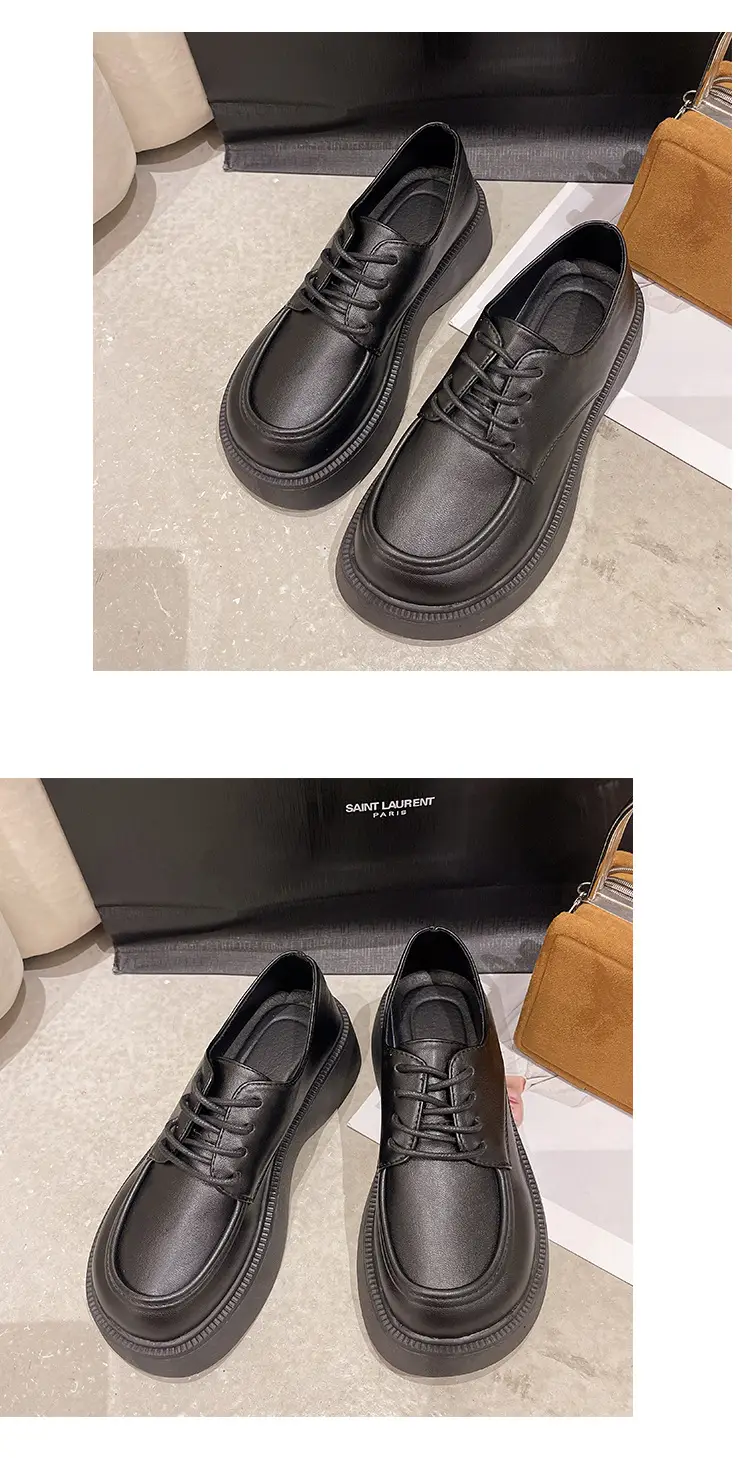 Black Big Head Small Leather Shoes Women's Wholesale Spring New Round Head Lace-up British Academy Style Platform Shoes — feature 9