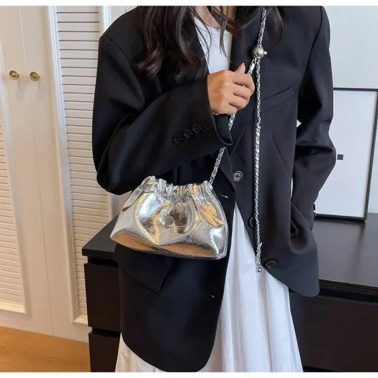 2024 New Light Silver Pleated Cloud Bag with Chain Crossbody — feature 12
