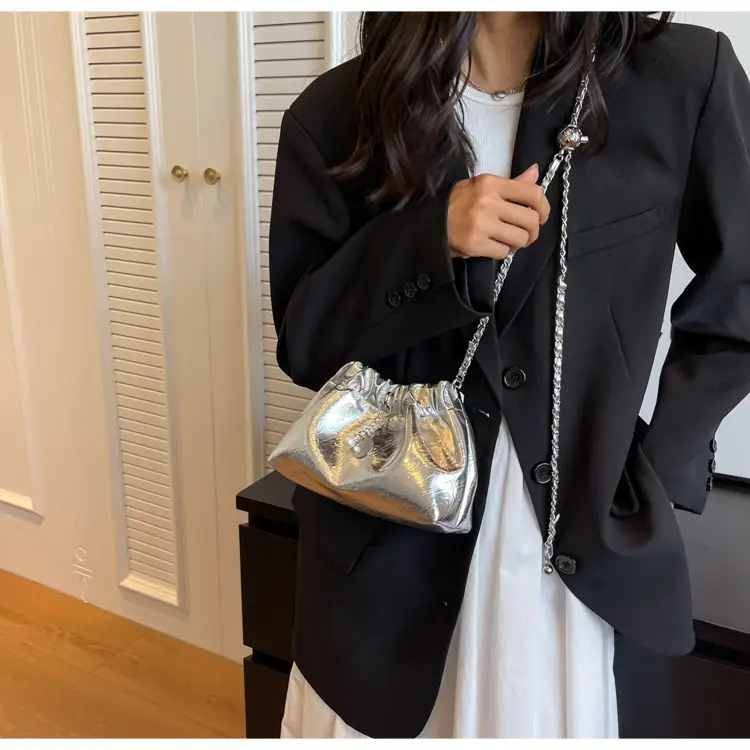 2024 New Light Silver Pleated Cloud Bag with Chain Crossbody — feature 13