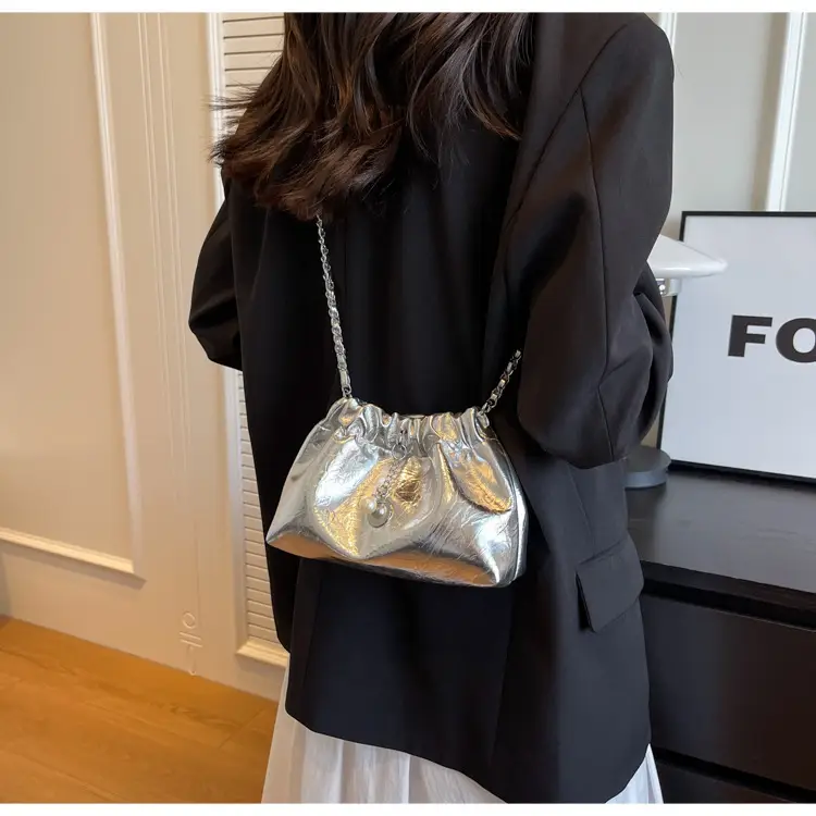 2024 New Light Silver Pleated Cloud Bag with Chain Crossbody — feature 14