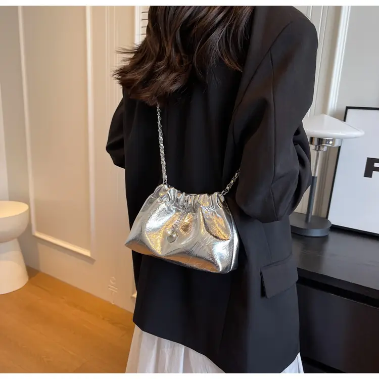 2024 New Light Silver Pleated Cloud Bag with Chain Crossbody — feature 15