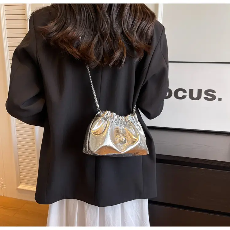 2024 New Light Silver Pleated Cloud Bag with Chain Crossbody — feature 16