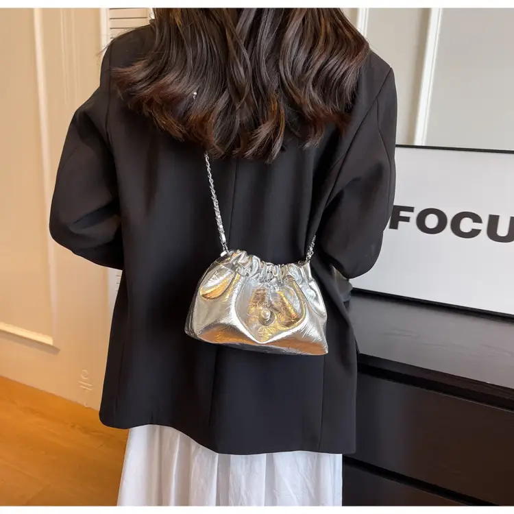 2024 New Light Silver Pleated Cloud Bag with Chain Crossbody — feature 17